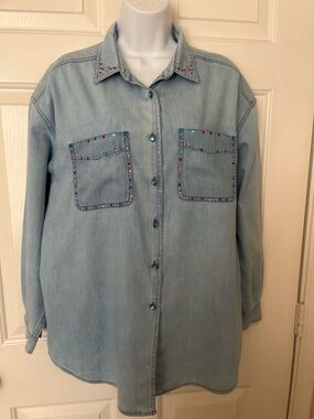 Light Blue Denim Shirt with Multicolor Stud Details